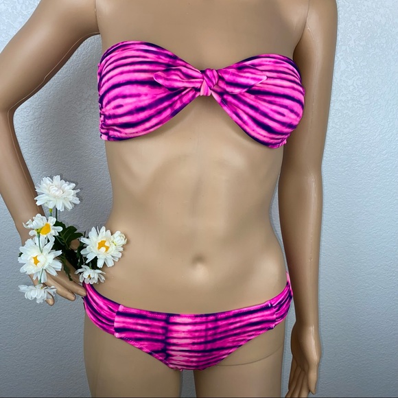 VS Hot Pink Tie Dye Bandeau Top Ruched Side Bikini - Picture 3 of 8